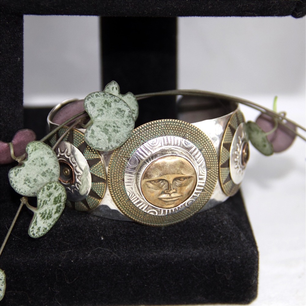 VTG HEAVY Tabra Sterling Brass Sun Face Celestial Mixed Metal Cuff Bracelet